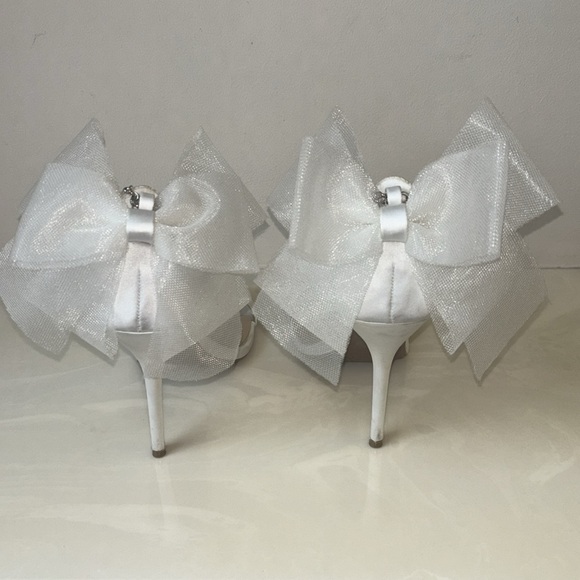 Ivory Satin Bow Pearl Ankle Strap High Heel - Picture 7 of 10